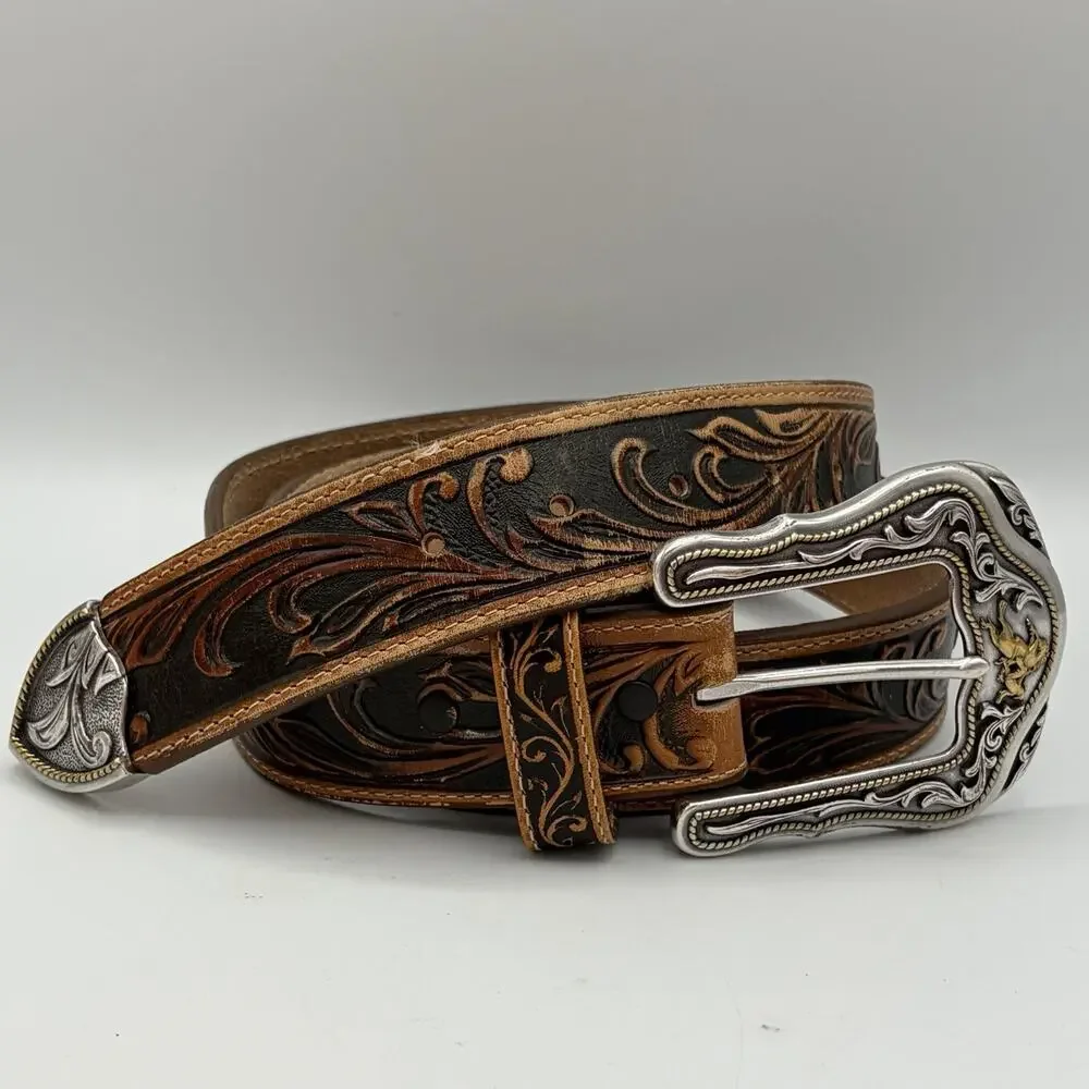 Tony Lama Men’s Black Brown Western Leather Belt C41514 Size 38 Buckle Belt Tip